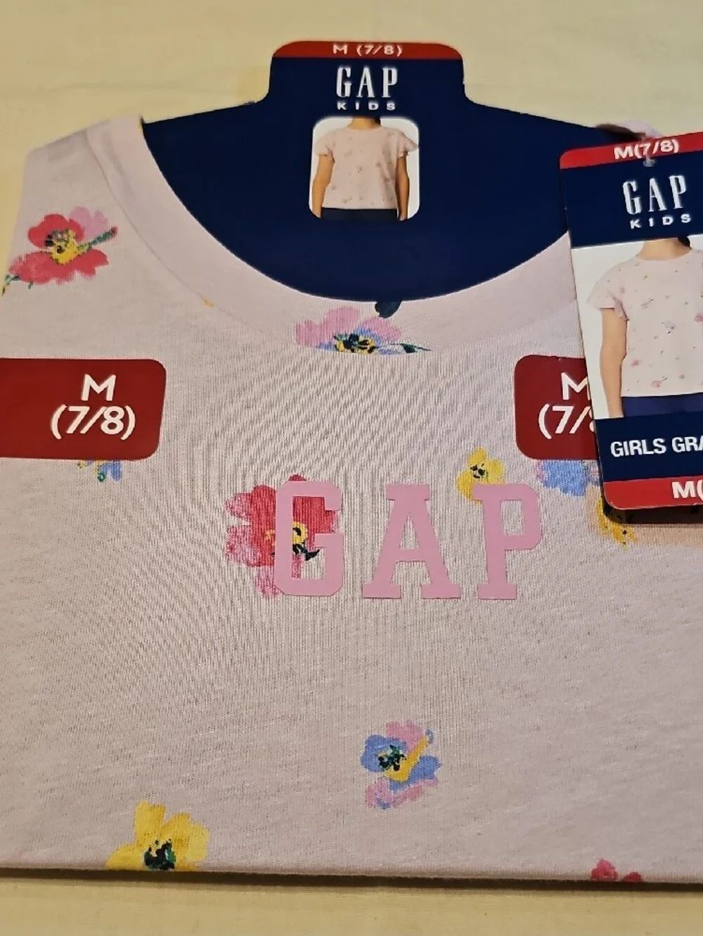 NWT Size M 7/8 Girls GAP Kids Light Pink Floral Logo Tee